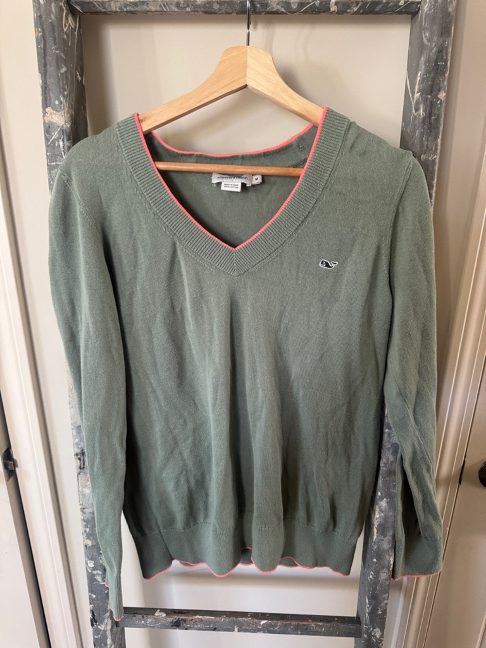 Vineyard Vines Sage Green V-Neck Sweater with Pink Trim